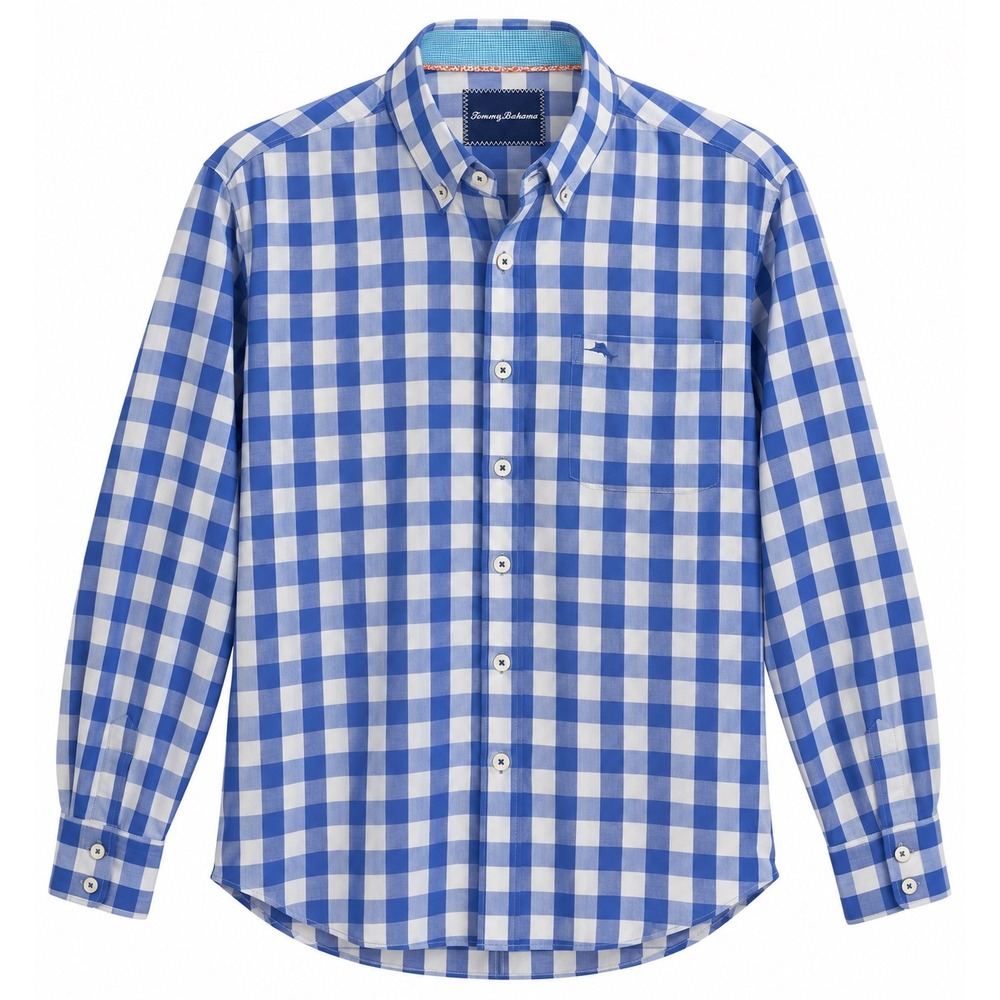 Tommy Bahama Mens L Blue White Gingham Pima Cotton Long Sleeve Button Down Shirt